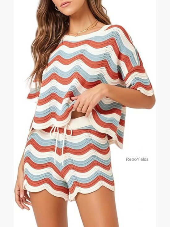 Other - Striped Crochet Cover Up Set with Shorts Beach Vacation Outfit